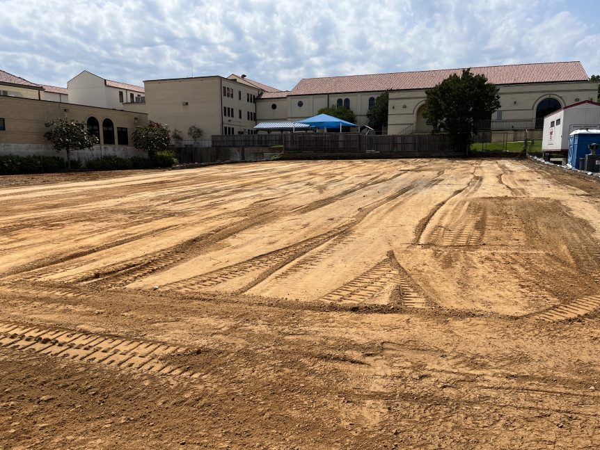 An image of early site work where the FUMC pavilion &amp; equipment storage building will be constructed, looking west